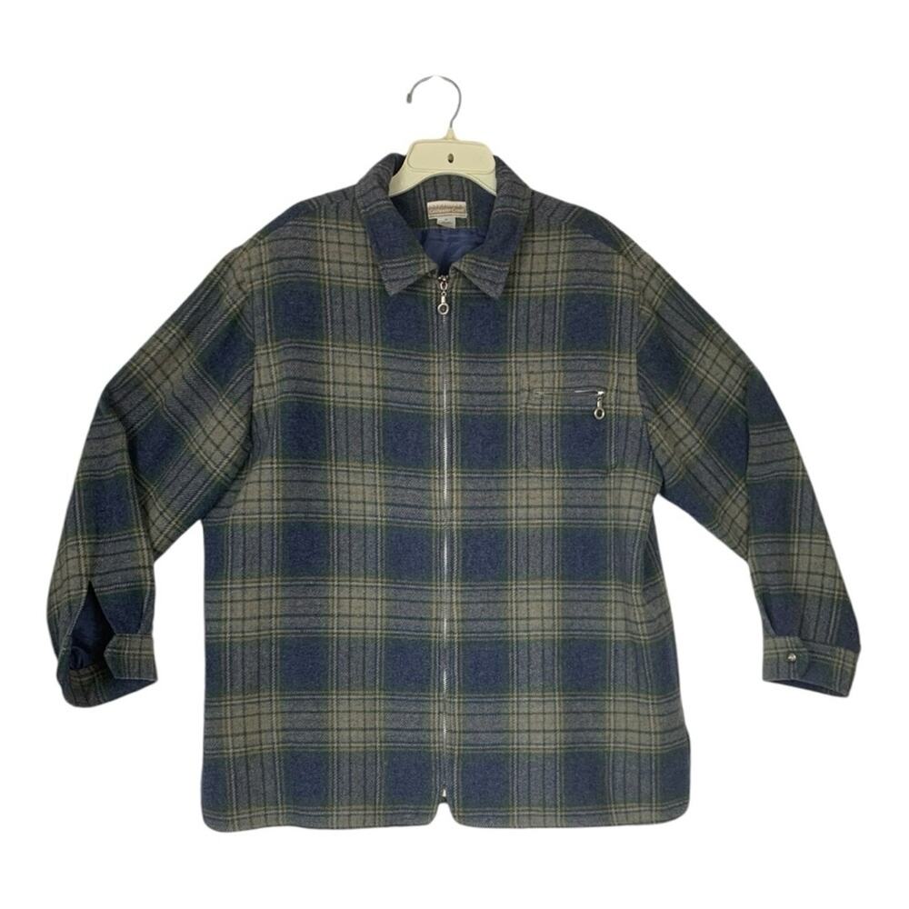 Coldwater Creek  mens XL plaid wool blue shacket zip up jacket lined gorp